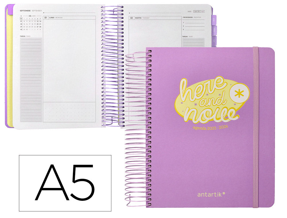 Agenda escolar antartik 25-26 espiral here and now azul pagina a5 bilingüe papel fsc 80 gr 80 gr