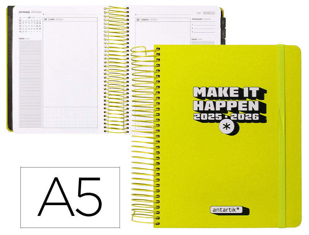 Agenda escolar antartik 25-26 espiral neon dia pagina a5 bilingüe papel fsc 80 gr