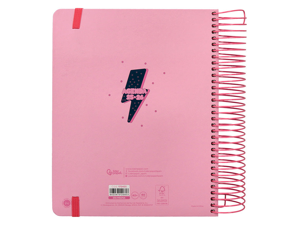 Agenda escolar liderpapel 25-26 espiral patterns rayos rosa dia pagina a5 bilingüe papel fsc 80 gr