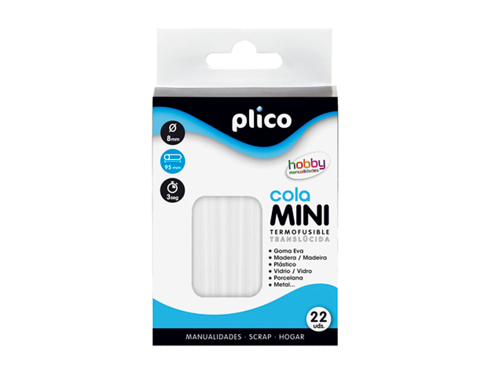 Barra termofusible plico mini translucida 8 mm de diamero x 100 mm de alto blister 22 unidades