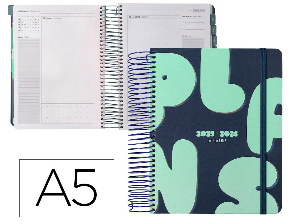 Agenda escolar antartik 25-26 espiral plans dia pagina a5 bilingüe papel fsc 80 gr