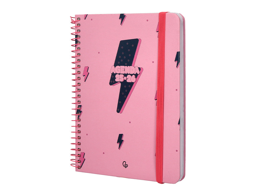 Agenda escolar liderpapel 25-26 espiral patterns rayos rosa semana vista a6 bilingüe papel fsc 80 gr