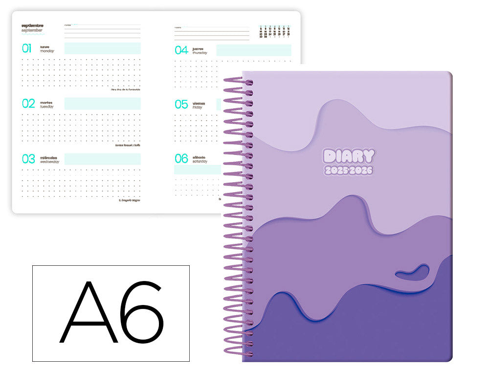 Agenda escolar liderpapel 25-26 espiral melting semana vista a6 bilingüe papel fsc 80 gr