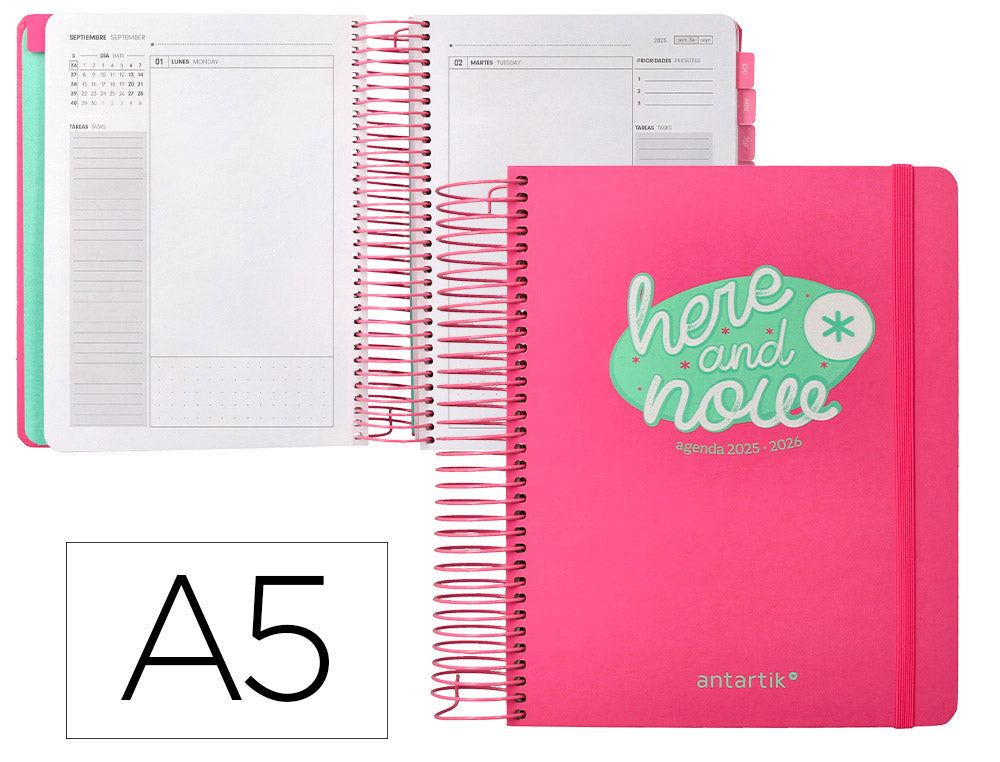 Agenda escolar antartik 25-26 espiral here and now azul pagina a5 bilingüe papel fsc 80 gr 80 gr