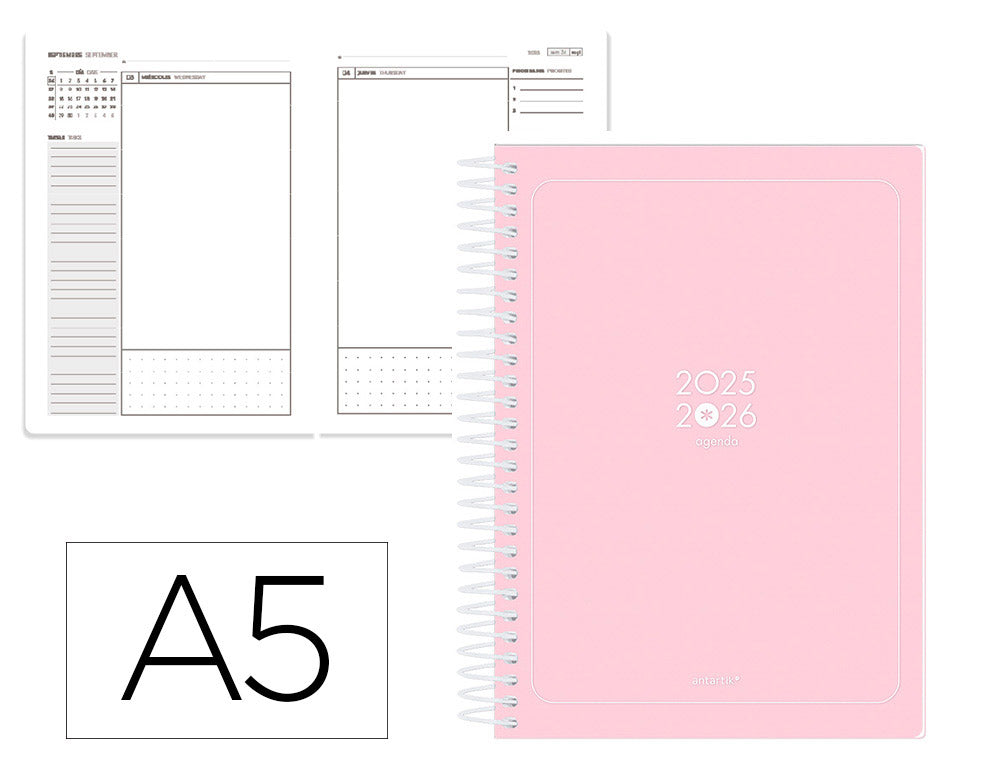 Agenda escolar antartik 25-26 espiral essentials dia pagina a5 bilingüe papel fsc 80 gr