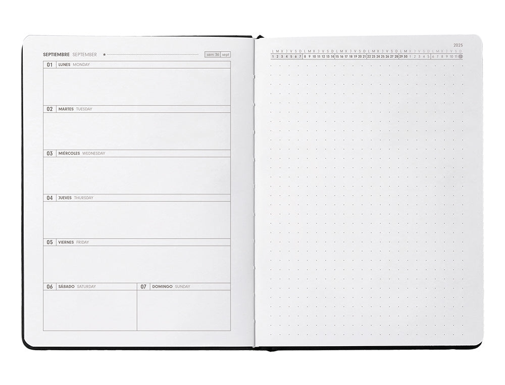 Agenda escolar antartik 25-26 encuadernada go! simil piel negro semana vista a5 bilingüepapel fsc 80 gr