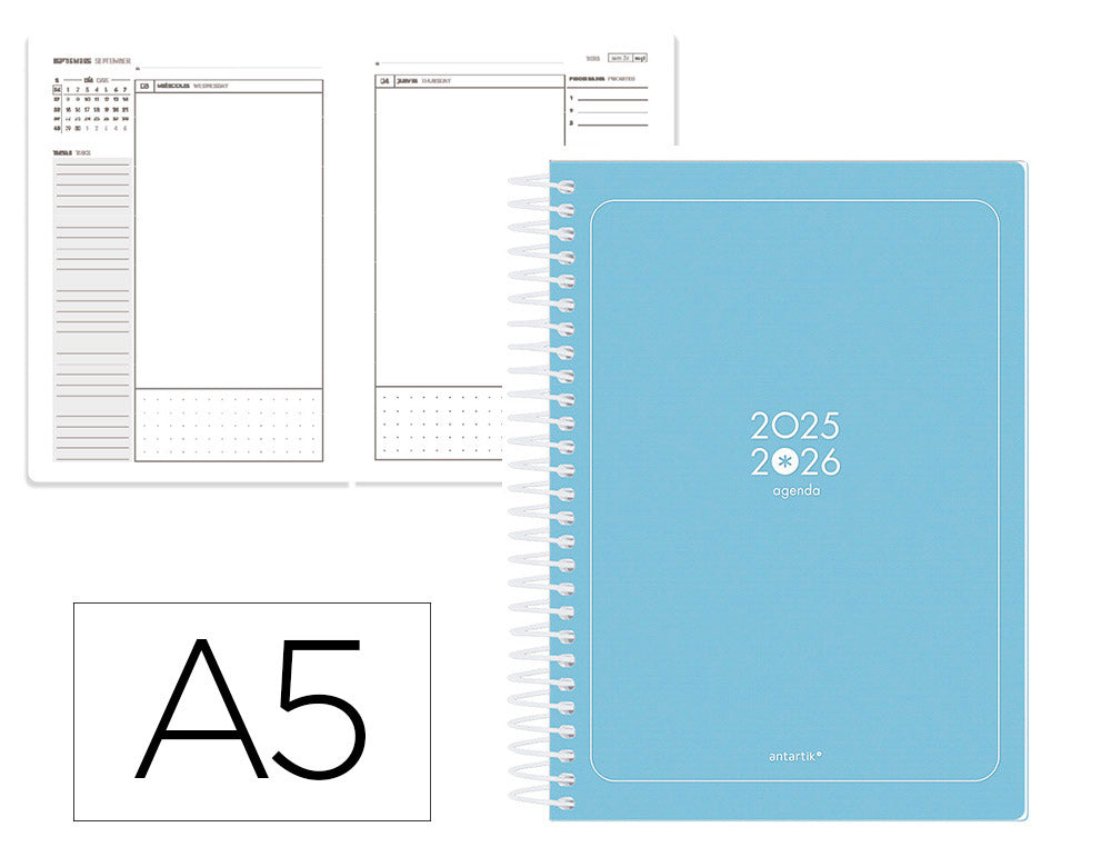 Agenda escolar antartik 25-26 espiral essentials dia pagina a5 bilingüe papel fsc 80 gr