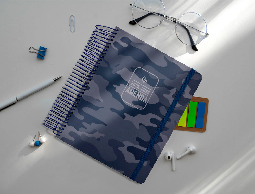 Agenda escolar liderpapel 25-26 espiral patterns militar gris dia pagina a5 bilingüe papel fsc 80 gr