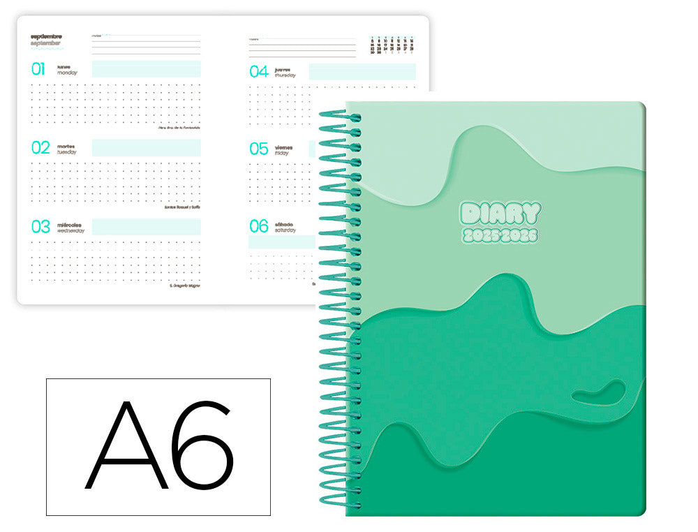 Agenda escolar liderpapel 25-26 espiral melting semana vista a6 bilingüe papel fsc 80 gr