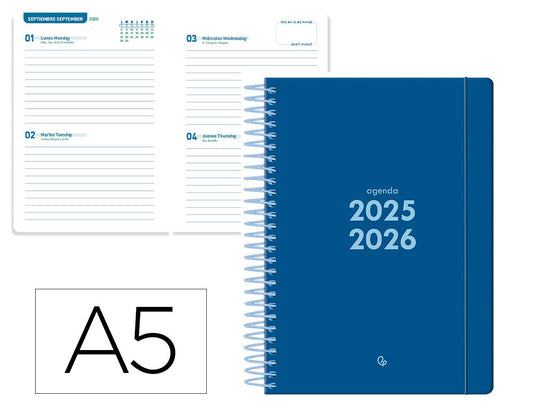 Agenda escolar liderpapel 25-26 espiral basic azul oscuro 2 dias pagina a5 bilingüe papel fsc 70 gr