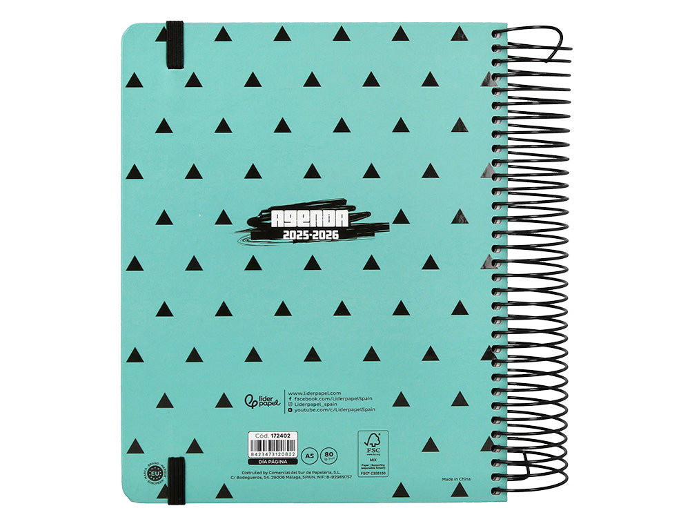 Agenda escolar liderpapel 25-26 espiral patterns triangulos dia pagina a5 bilingüe papel fsc 80 gr