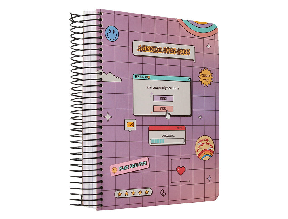 Agenda escolar liderpapel 25-26 espiral pixel morado dia pagina a5 bilingüe papel fsc 80 gr