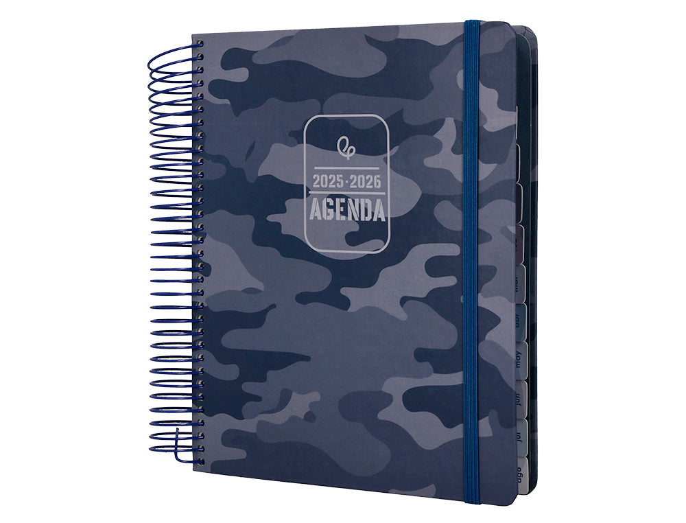 Agenda escolar liderpapel 25-26 espiral patterns militar gris dia pagina a5 bilingüe papel fsc 80 gr