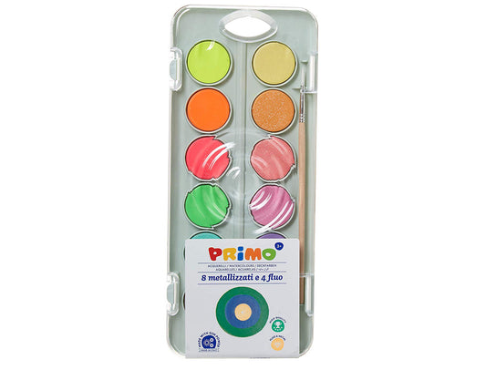 Acuarela primo 8 colores metal + 4 colores neon con pincel y paleta de mezcla estuche de plastico