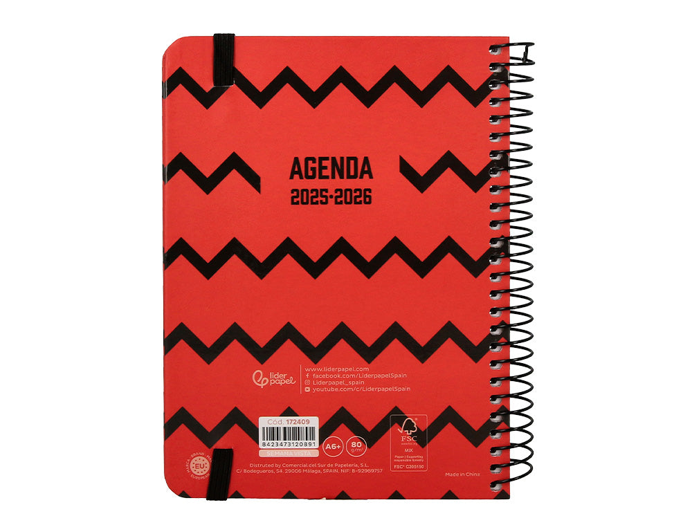 Agenda escolar liderpapel 25-26 espiral patterns zigzag semana vista a6 bilingüe papel fsc 80 gr