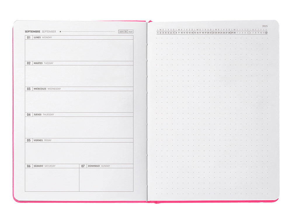 Agenda escolar antartik 25-26 encuadernada go! simil piel fucsia semana vista a5 bilingüe papel fsc 80 gr