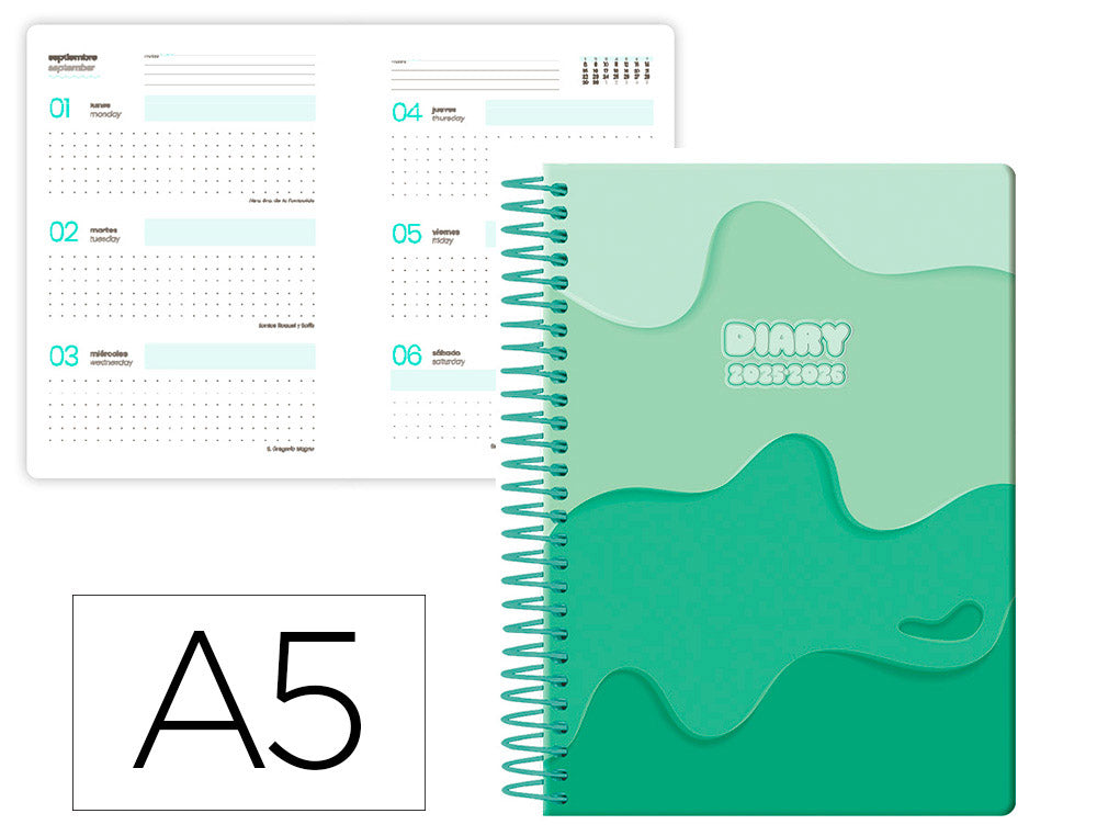 Agenda escolar liderpapel 25-26 espiral melting semana vista a5 bilingüe papel fsc 80 gr