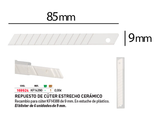Repuesto cuter q-connect metalico estrecho para modelo kf14388 cuchilla ceramica 9 mm blister 6 unidades