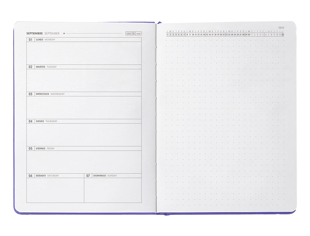 Agenda escolar antartik 25-26 encuadernada go! simil piel morado semana vista a5 bilingüe papel fsc 80 gr