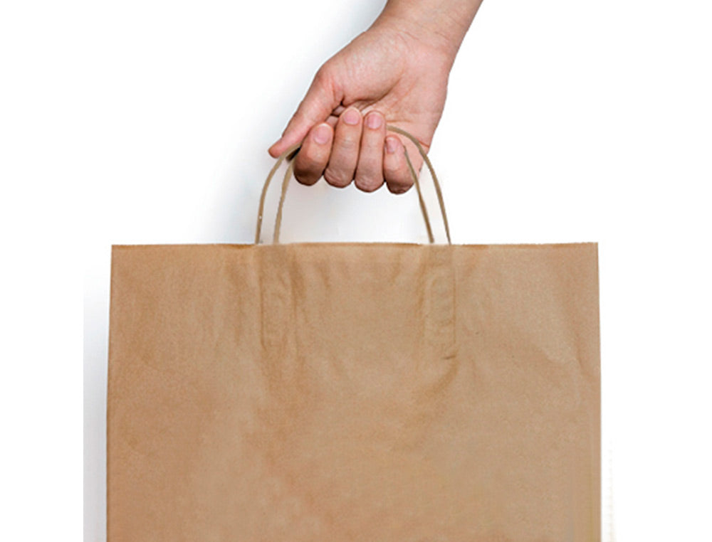 Bolsa kraft basika natural reciclado 90 gr asa retorcida tamaño "s" 240x100x320 mm