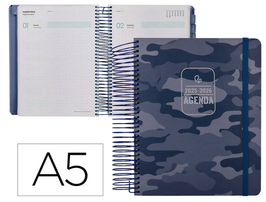 Agenda escolar liderpapel 25-26 espiral patterns militar gris dia pagina a5 bilingüe papel fsc 80 gr