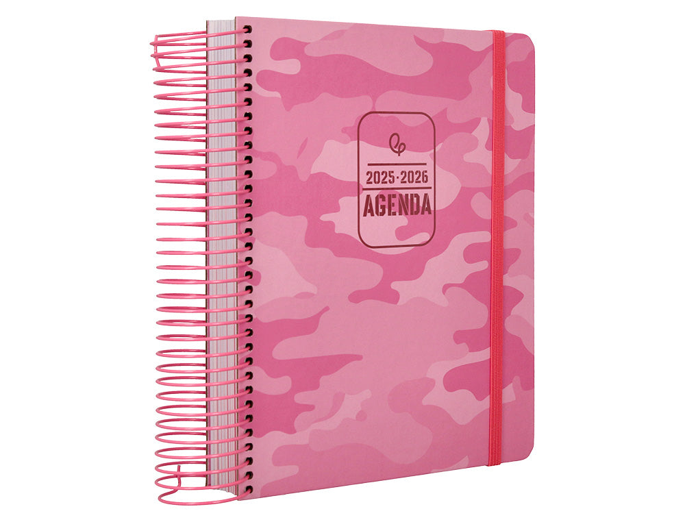 Agenda escolar liderpapel 25-26 espiral patterns militar rosa dia pagina a5 bilingüe papel fsc 80 gr