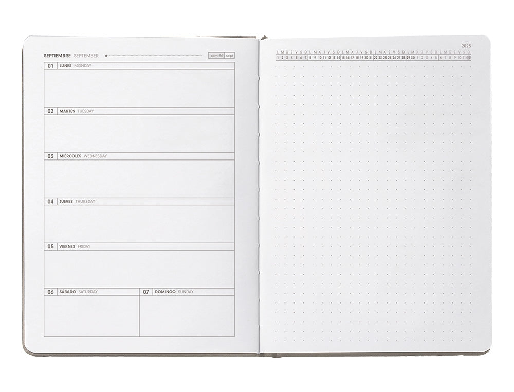 Agenda escolar antartik 25-26 encuadernada go! simil piel gris semana vista a5 bilingüe papel fsc 80 gr