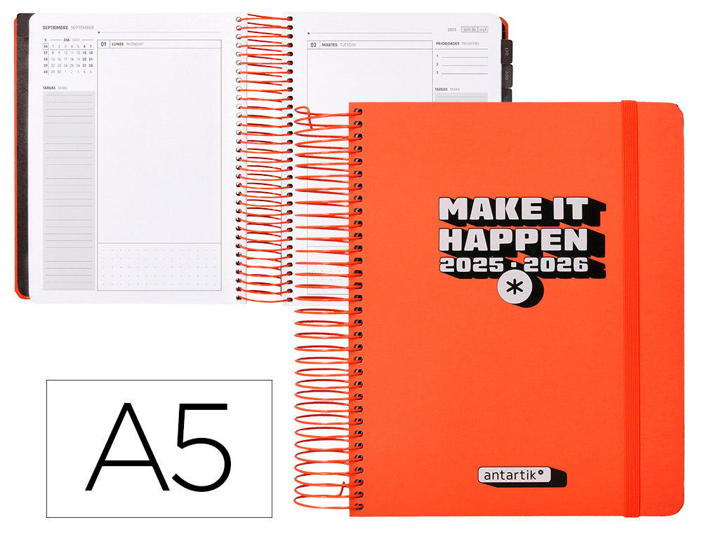 Agenda escolar antartik 25-26 espiral neon dia pagina a5 bilingüe papel fsc 80 gr