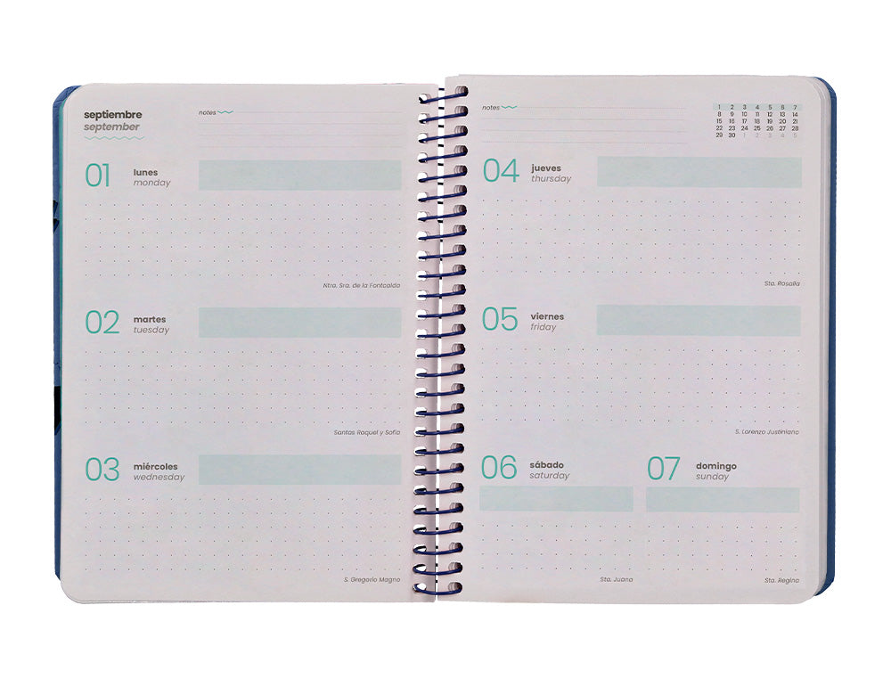Agenda escolar liderpapel 25-26 espiral patterns rayos azul semana vista a6 bilingüe papel fsc 80 gr
