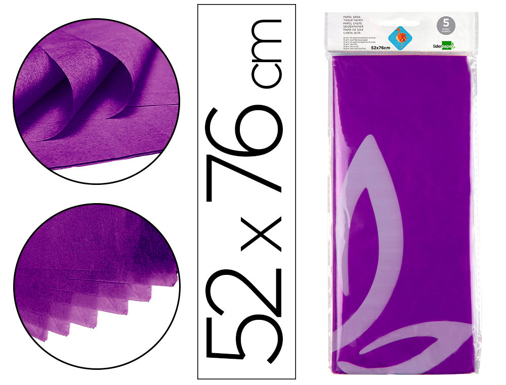 Papel seda liderpapel 52x76cm 18g/m2 bolsa de 5 hojas
