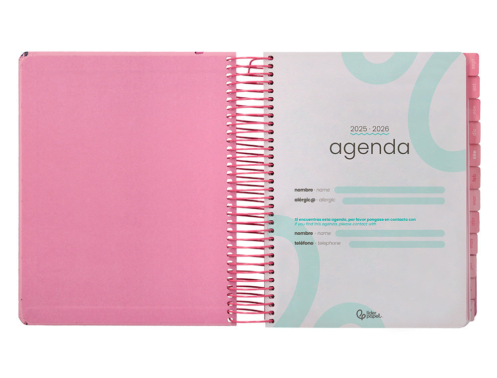Agenda escolar liderpapel 25-26 espiral patterns militar rosa dia pagina a5 bilingüe papel fsc 80 gr