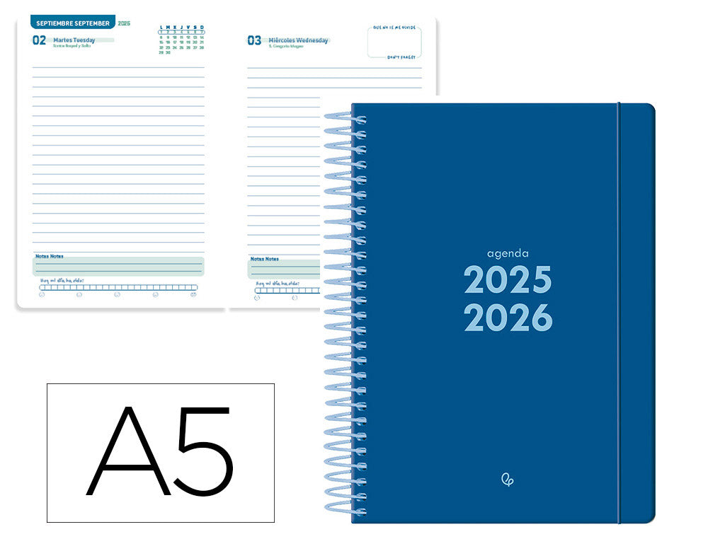 Agenda escolar liderpapel 25-26 espiral basic azul oscuro dia pagina a5 bilingüe papel fsc 70 gr