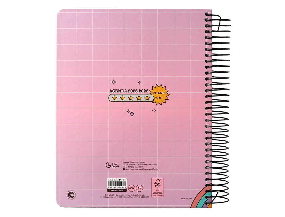 Agenda escolar liderpapel 25-26 espiral pixel rosa dia pagina a5 bilingüe papel fsc 80 gr