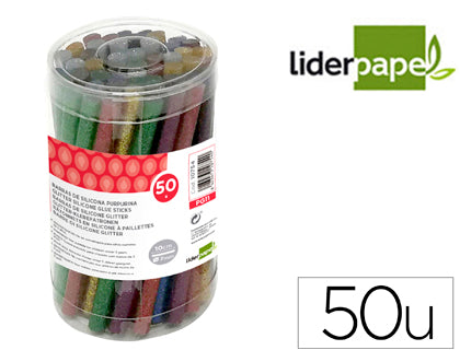 Barra termofusible purpurina liderpapel 7 mm diametro x 100 mm de alto bote 50 unidades colores surtidos