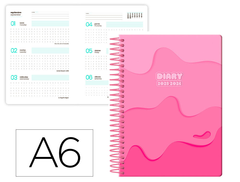 Agenda escolar liderpapel 25-26 espiral melting semana vista a6 bilingüe papel fsc 80 gr