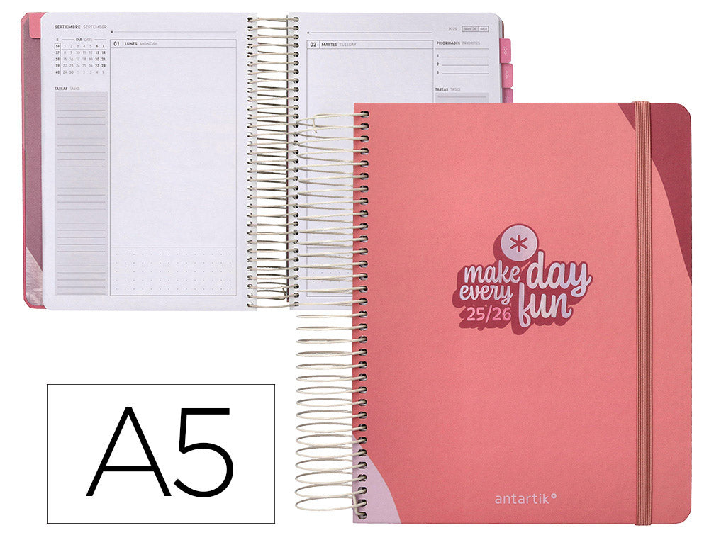 Agenda escolar antartik 25-26 espiral fun day fucsia dia pagina a5 bilingüe papel fsc 80 gr