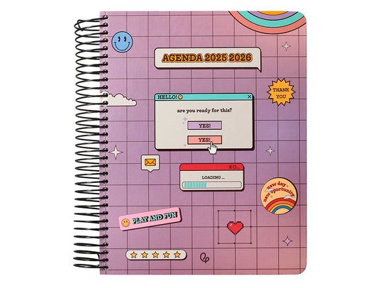 Agenda escolar liderpapel 25-26 espiral pixel morado dia pagina a5 bilingüe papel fsc 80 gr