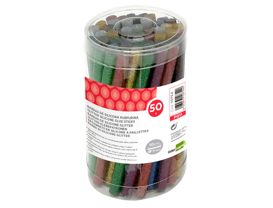 Barra termofusible purpurina liderpapel 7 mm diametro x 100 mm de alto bote 50 unidades colores surtidos