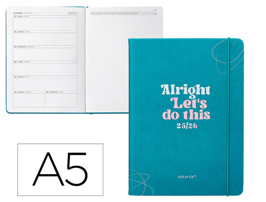 Agenda escolar antartik 25-26 encuadernada go! simil piel verde semana vista a5 bilingüe papel fsc 80 gr