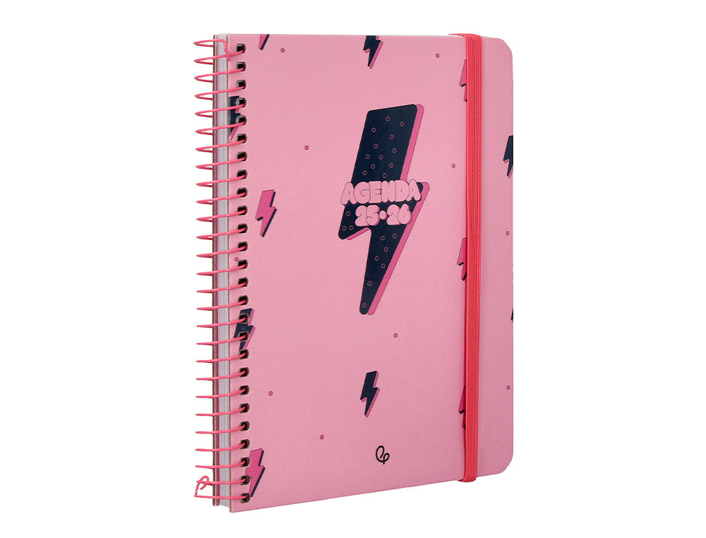Agenda escolar liderpapel 25-26 espiral patterns rayos rosa semana vista a6 bilingüe papel fsc 80 gr