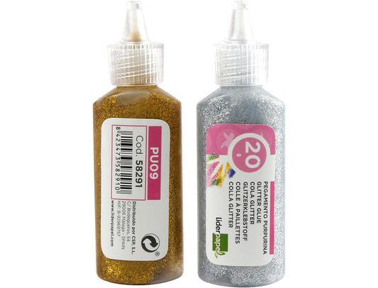 Purpurina pegamento liderpapel fantasia colores metalicos oro y plata bote de 20 gr