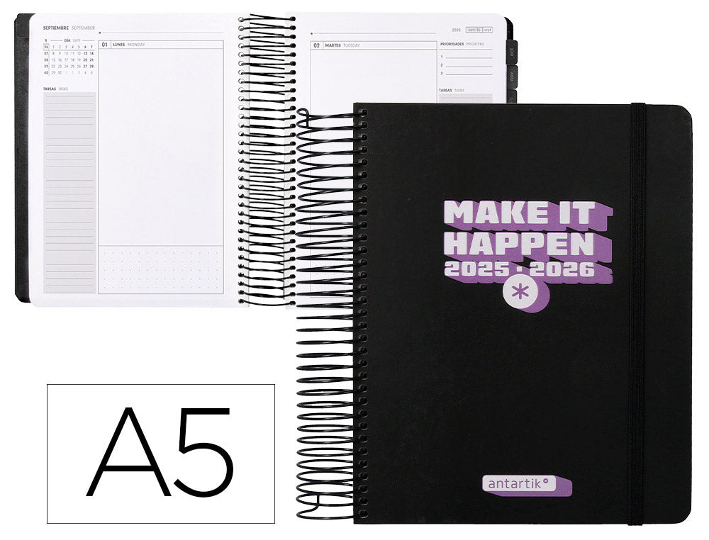 Agenda escolar antartik 25-26 espiral neon dia pagina a5 bilingüe papel fsc 80 gr
