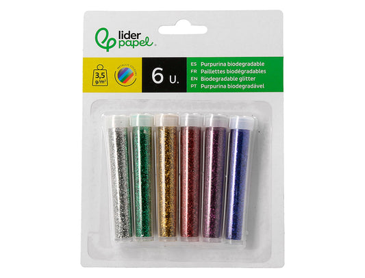 Purpurina liderpapel biodegradable fantasia bote de 3,5 gr colores metalicos surtidos blister de 6
