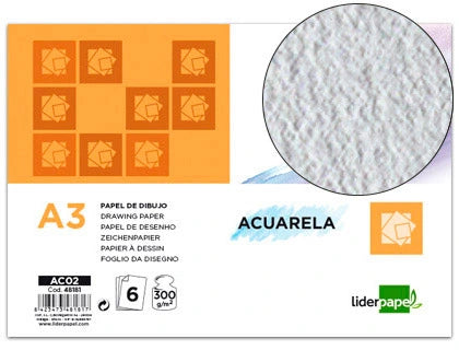 Papel dibujo liderpapel 297x420mm 300g/m2 acuarela pack de 6 hojas