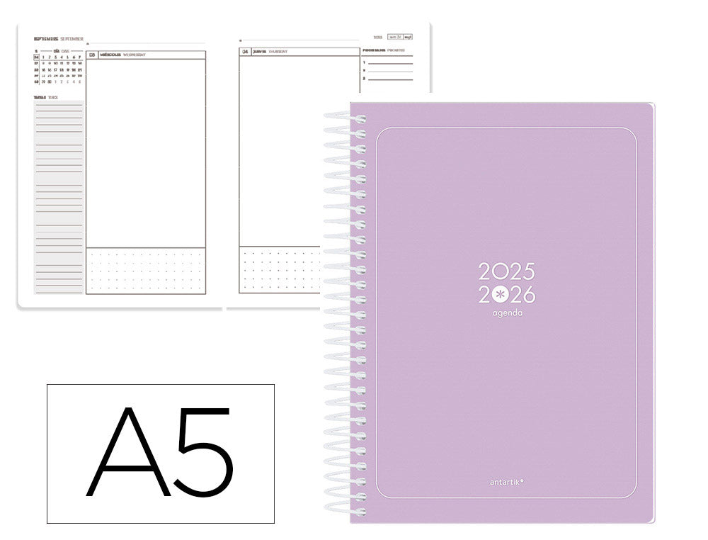 Agenda escolar antartik 25-26 espiral essentials dia pagina a5 bilingüe papel fsc 80 gr