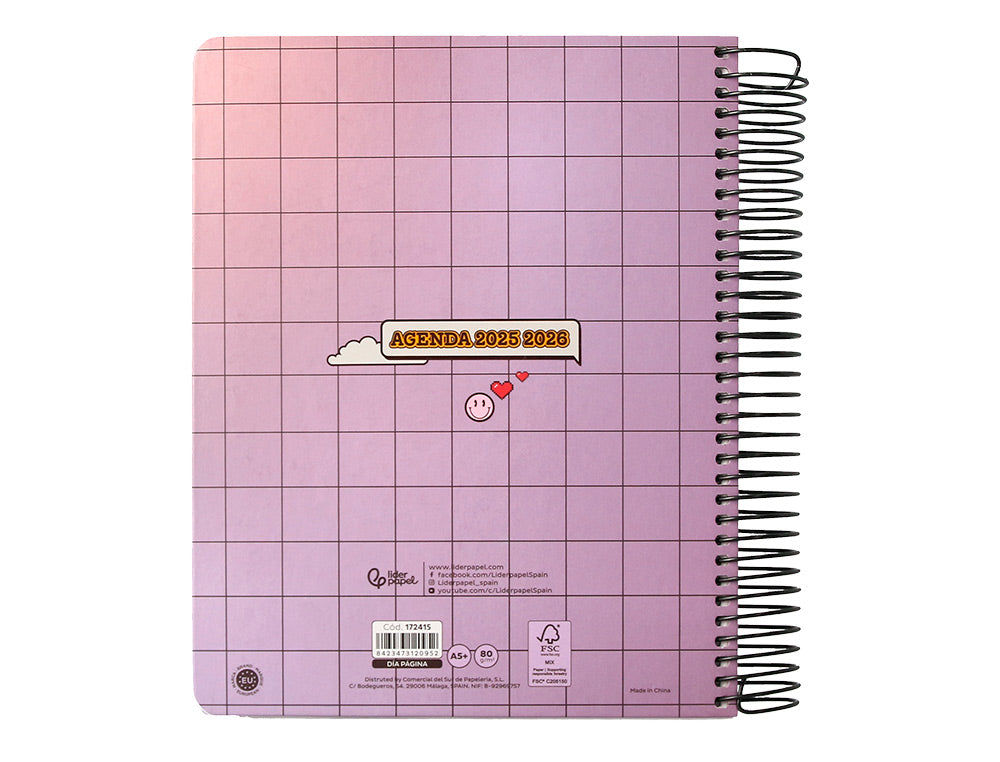 Agenda escolar liderpapel 25-26 espiral pixel morado dia pagina a5 bilingüe papel fsc 80 gr