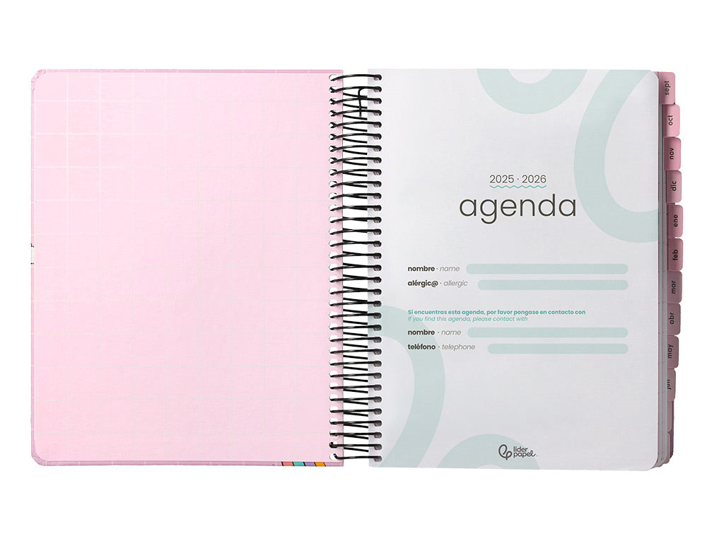 Agenda escolar liderpapel 25-26 espiral pixel rosa dia pagina a5 bilingüe papel fsc 80 gr