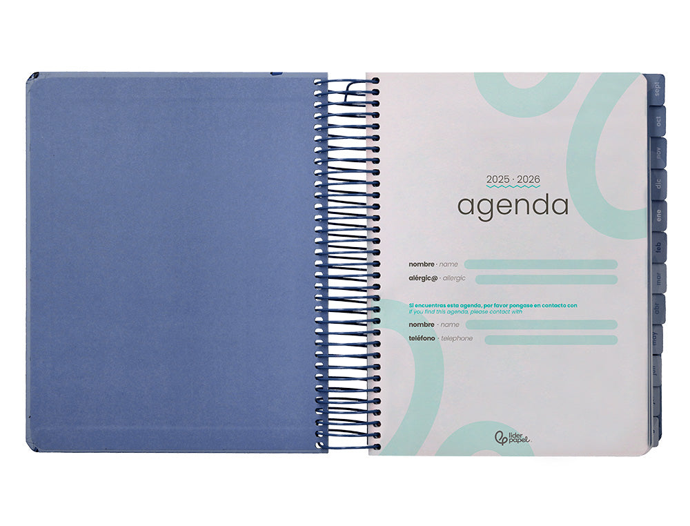 Agenda escolar liderpapel 25-26 espiral patterns militar gris dia pagina a5 bilingüe papel fsc 80 gr