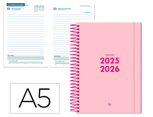Agenda escolar liderpapel 25-26 espiral basic rosa dia pagina a5 bilingüe papel fsc 70 gr