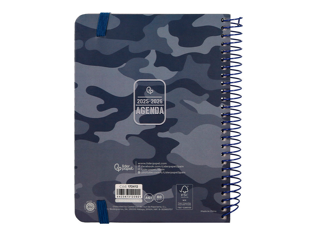 Agenda escolar liderpapel 25-26 espiral patterns militar gris semana vista a6 bilingüe papel fsc 80 gr